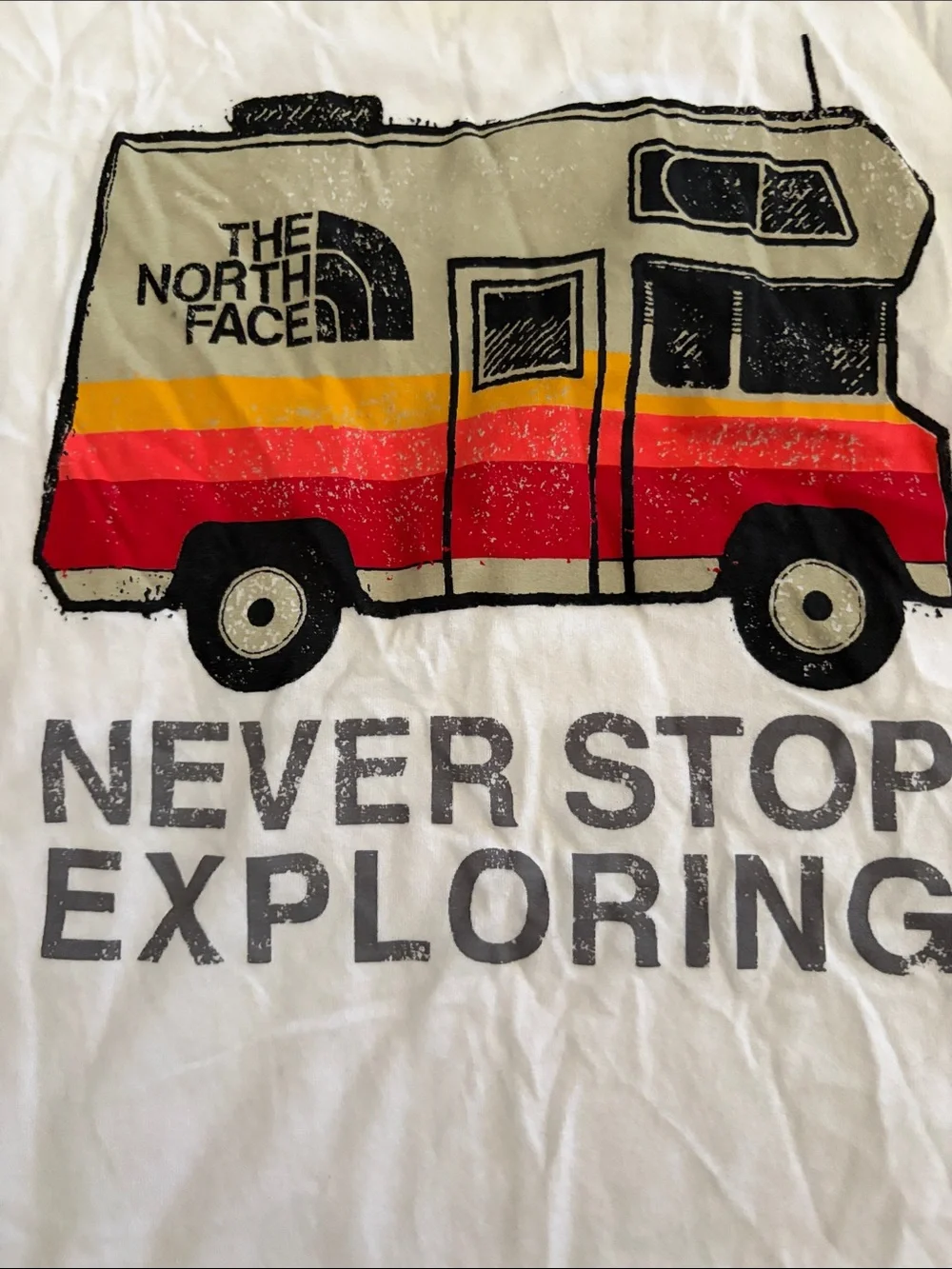 The North Face White Kids RV Graphic Tee with Red & Yellow Stripes